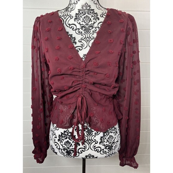 She + Sky Boho Blouse Womens Medium Burgundy Puff Sleeve Ruched Swiss Dot* Flaw - Picture 2 of 14